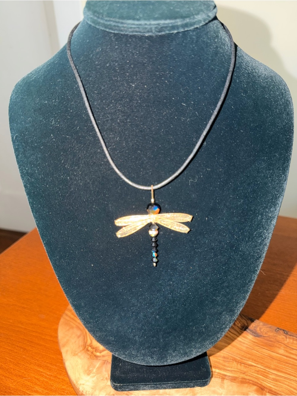 Handmade Gold Dragonfly Pendant Necklace with Black Beaded Drop